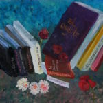 Fiori e libri per la felicita olio su tavola cm 70x60